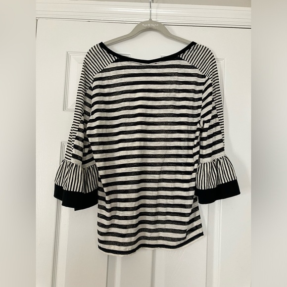 Kobi Halperin Size L  Black White Stripped Finn Top 3/4 Bell Sleeve Sheer - Picture 6 of 7